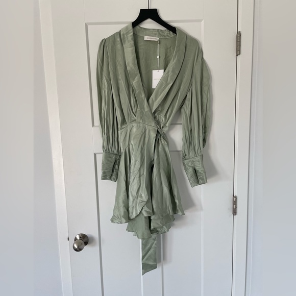 NEW ZIMMERMANN Silk Wrap Mini Dress Light Green - Picture 2 of 7